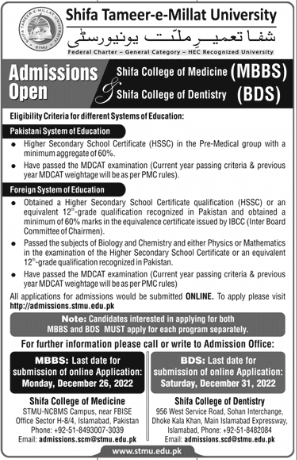 MBBS & BDS Admission in Shifa College of Medicine 2022 & Entry Test