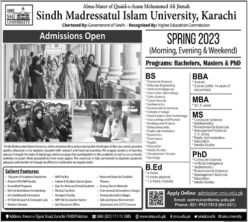 Sindh Madressatul Islam University SMIU Karachi Admission 2023