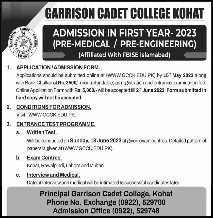 Garrison Cadet College Kohat Admission 2023 in 1st Year