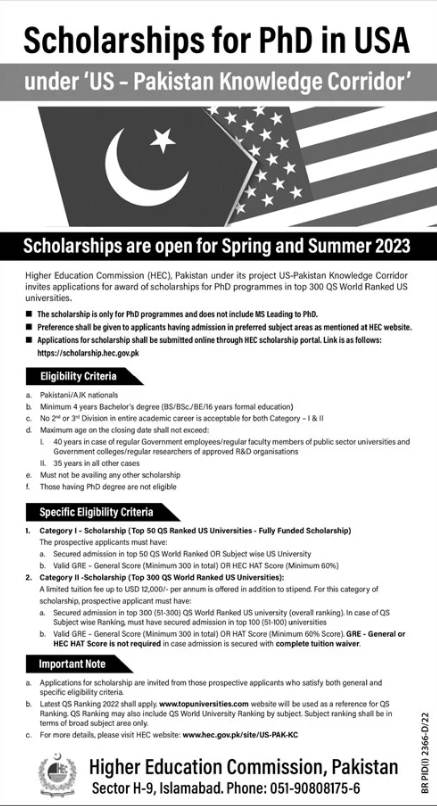 HEC Phd Scholarships 2023 in USA Universities (US -Pak Knowledge Corridor)