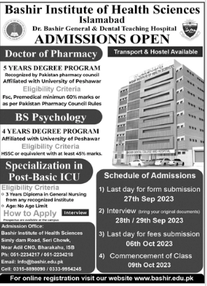 Bashir Institute of Health Sciences Islamabad Admission 2023