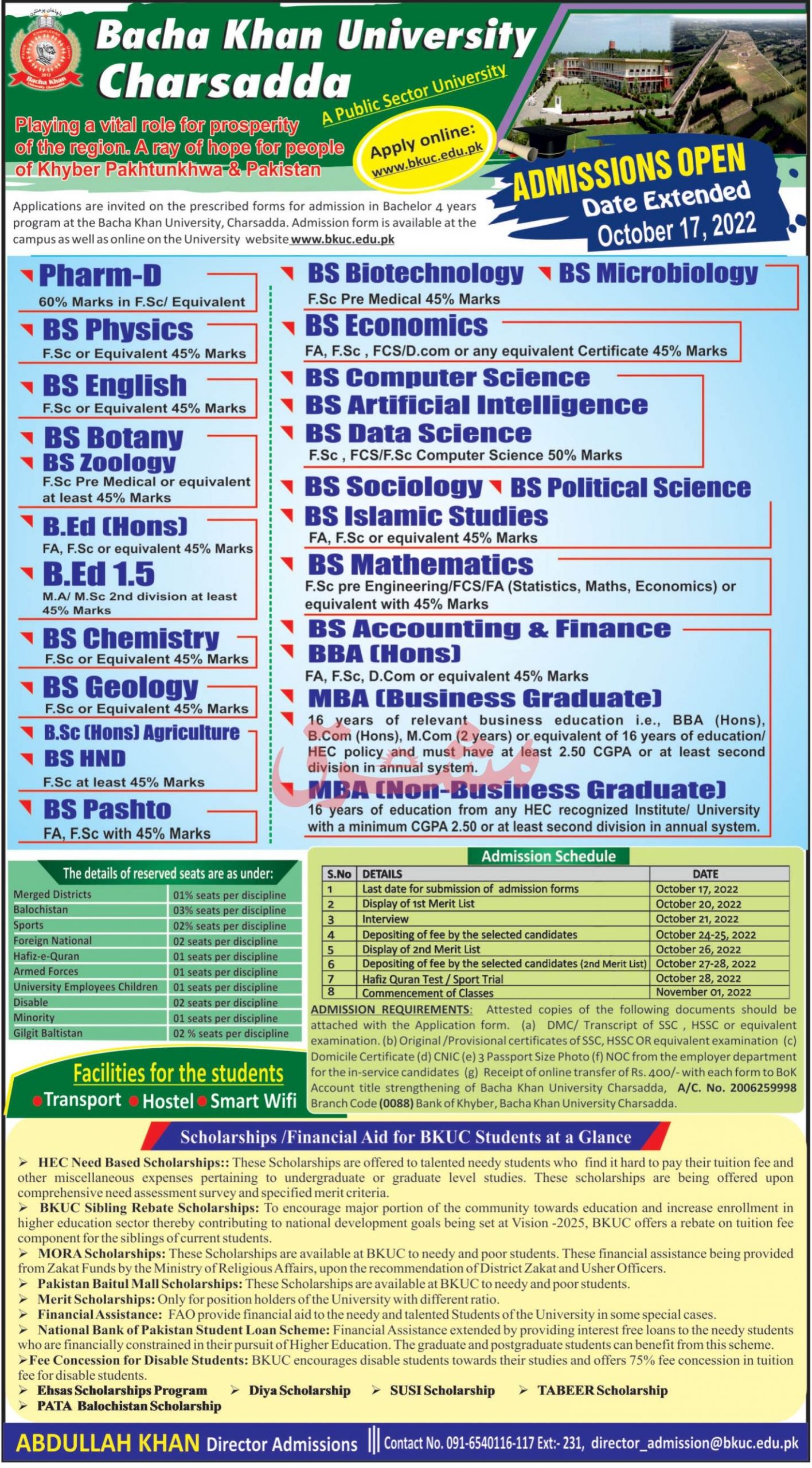 Bacha Khan University Charsadda Admission 2022 In Undergraduate & BS Programs