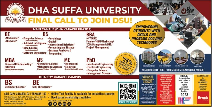 DHA Suffa University Admission 2024, Apply Online, Last Date, Test Result