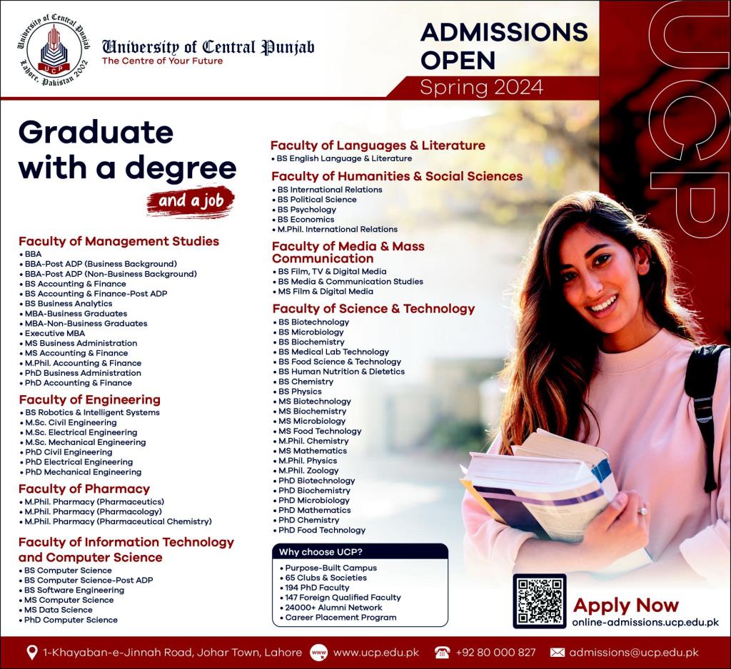 University of Central Punjab UCP Spring Admission 2024, Form Download