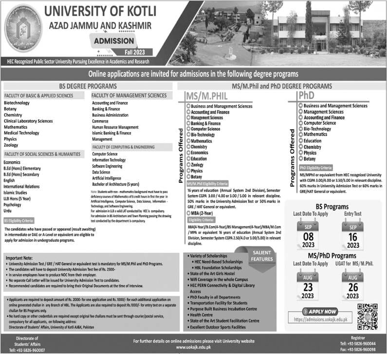 University of Kotli AJK Admission 2023, Last Date, Form