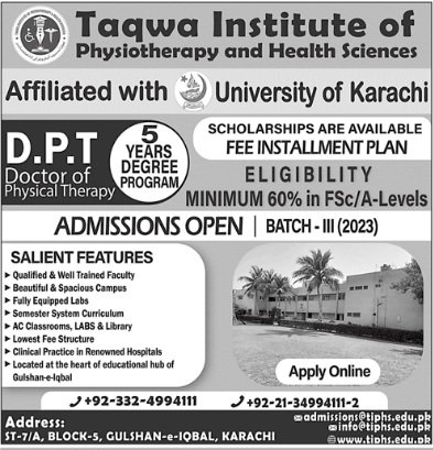 Taqwa Institute of Physiotherapy & Health Sciences Karachi Admission 2024, Apply Online