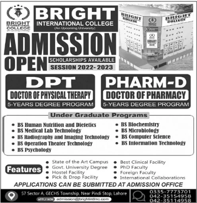 Bright International College Lahore Admission 2024 in DPT, Pharm-D & BS Programs