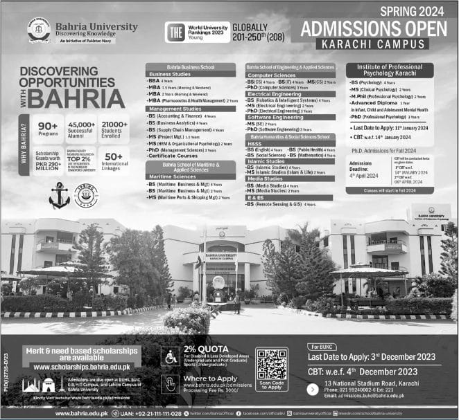 Bahria University Karachi Admission 2024, Last Date, Test Result