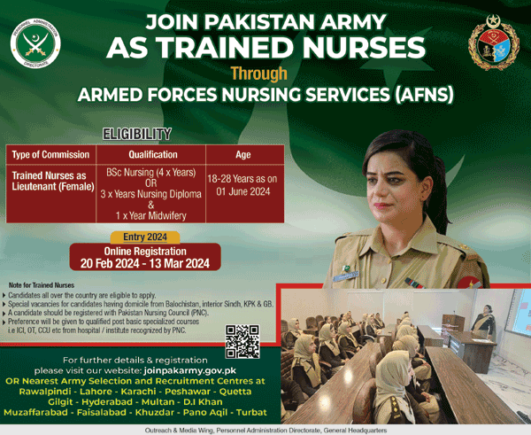 Join Pak Army in Armed Forces Nursing Service AFNS 2024