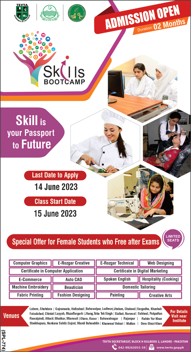 TEVTA SkiIls Bootcamp Admission 2023 in Short Courses, Last Date, Courses List