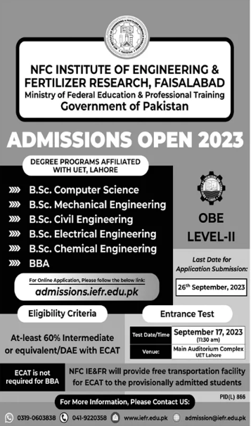 NFC IE & FR Faisalabad Admission 2023 in BSc Engr, BBA & BSc Engr Technology