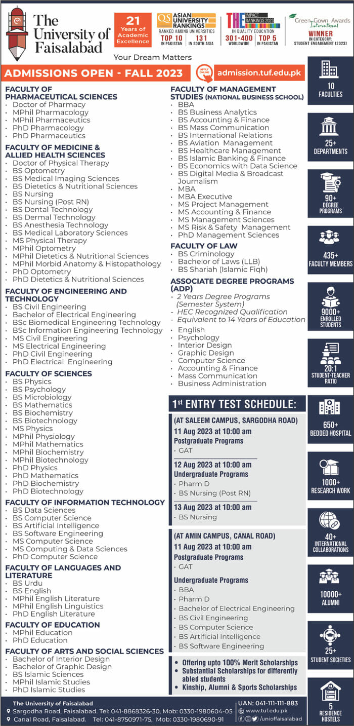The University of Faisalabad Admission 2023, List of Programs