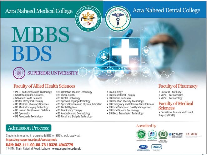 Azra Naheed Medical College Admission 2023 in MBBS, BDS. DPT. Pharm-D & BS

