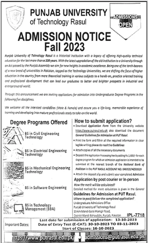 Punjab University of Technology Rasul Admission 2023