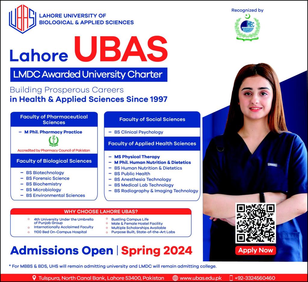 Lahore University of Biological & Applied Sciences Admission 2024