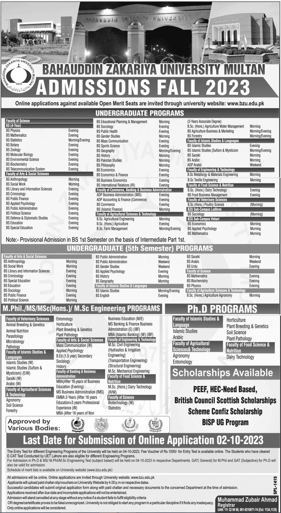 BZU Multan Undergraduate Admissions 2023-24