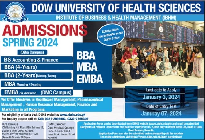 Dow University of Health Sciences DUHS BBA, MBA & EMBA Admission 2024