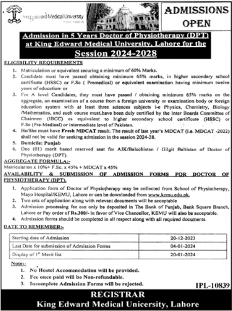 KEMU BSc Hons in Allied Health Sciences & DPT Admission 2024