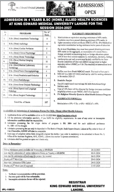 KEMU BSc Hons in Allied Health Sciences & DPT Admission 2024