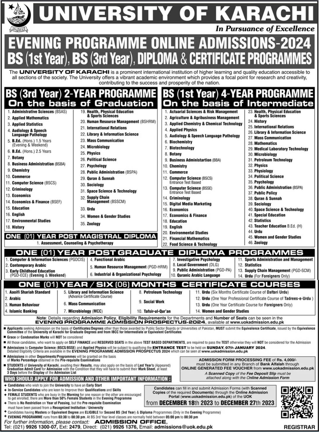 UOK Admission in Evening Bachelor, Master Programs & PGD 2024 (BS & BS 3rd Year)