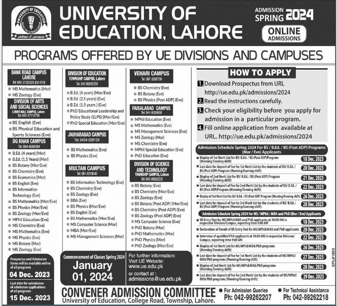 University of Education Lahore Spring Admissions 2024