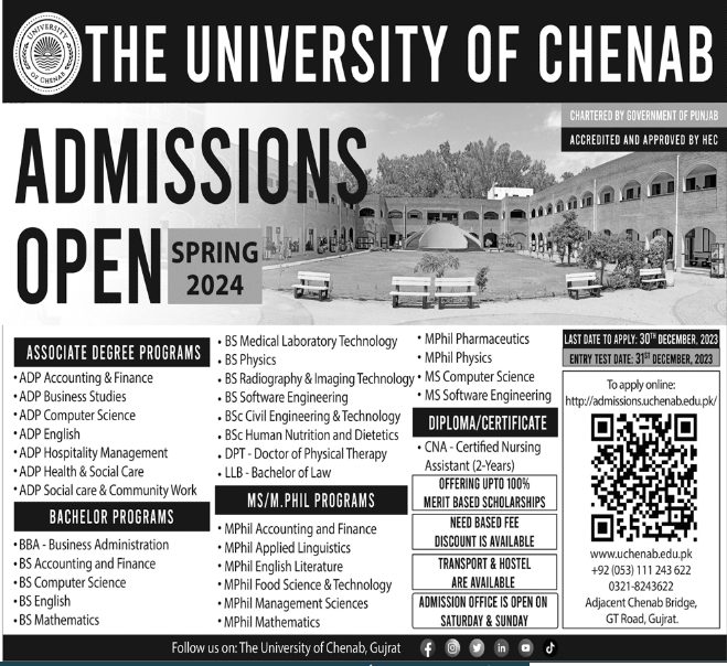 University of Chenab Gujrat Admission 2024-Apply Online, Test Result