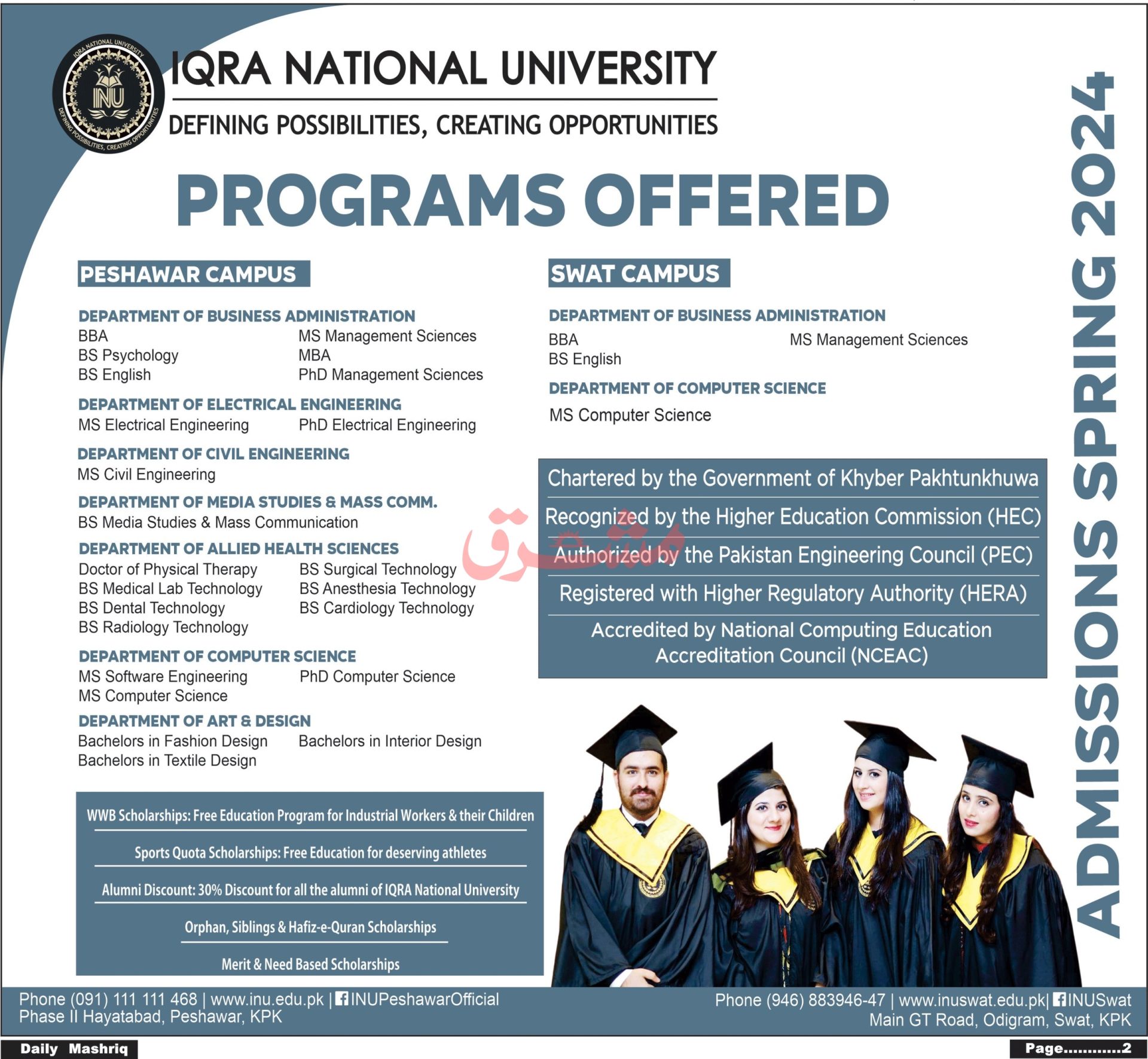 Iqra National University Peshawar Admission 2024 Schedule