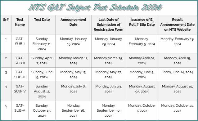 NTS GAT Subject Test Schedule & Dates 2024