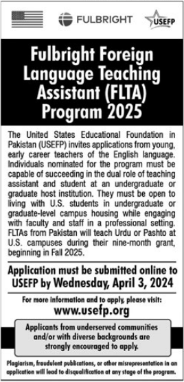 USEF Pakistan Full Bright Foreign Language Teaching Assistant Program 2025