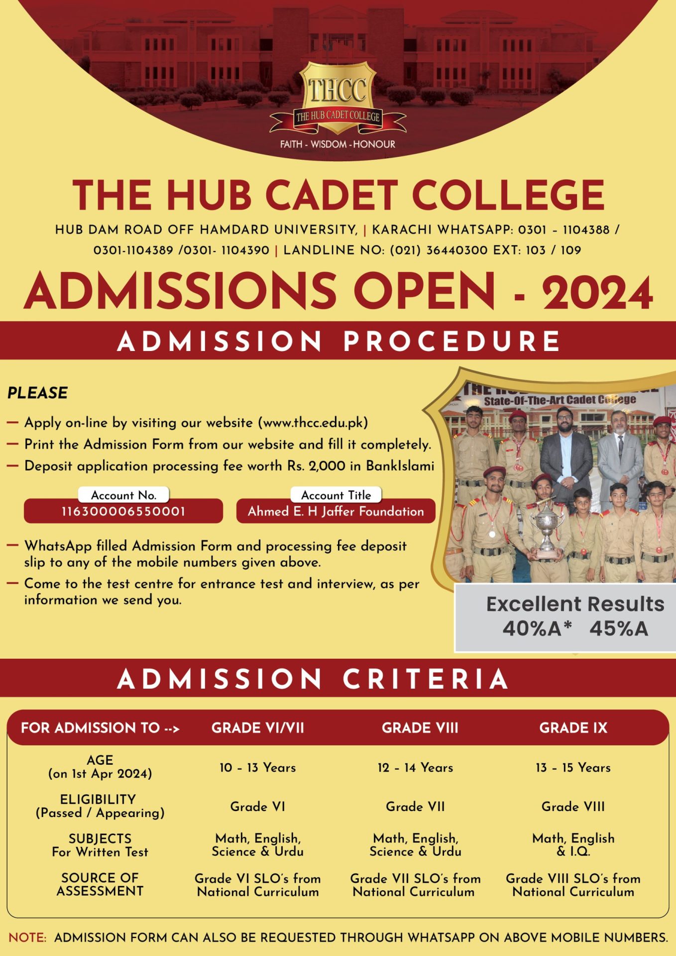The Hub Cadet College Karachi Admission 2024 in Class 6 to 9, Form & Test Result