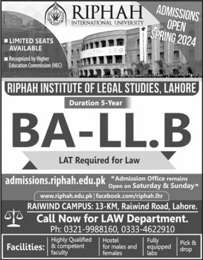 Riphah Institute of Legal Studies Lahore Admission 2024 in BA-LLB